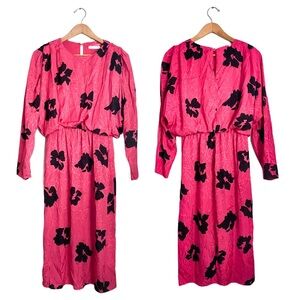 RESERVED Pink Black Floral Long sleeves Retro Knee Length Dress Formal Casual